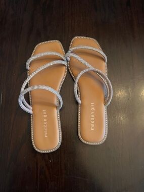 Madden Girl Tan Slide Sandals with Silver Crystal Straps